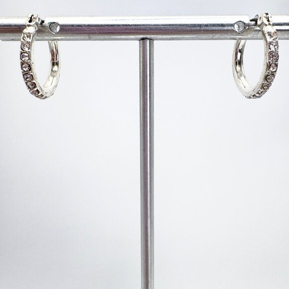 Silver Plated Small Cubic Zirconia Hoop Earrings Hinged Posts Sz 2/3" Diameter - Picture 1 of 9